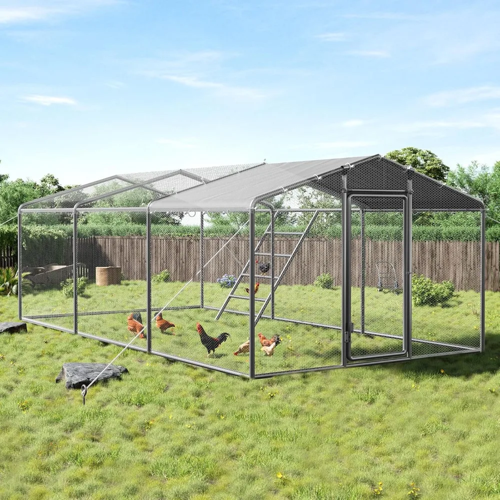 

9x19x6.5 FT Walk-in Chicken Coop, Large Metal Chicken Run with Hinged Door, Perch & PE Cover for Backyard Poultry