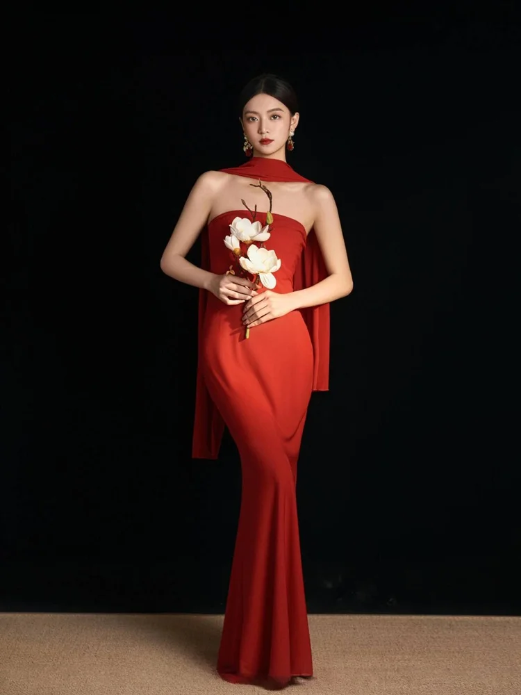 

Red Retro Chinese Style Dress Studio Portrait Photography Costume National Ethnic Stage Performance Women's Fashion Dress