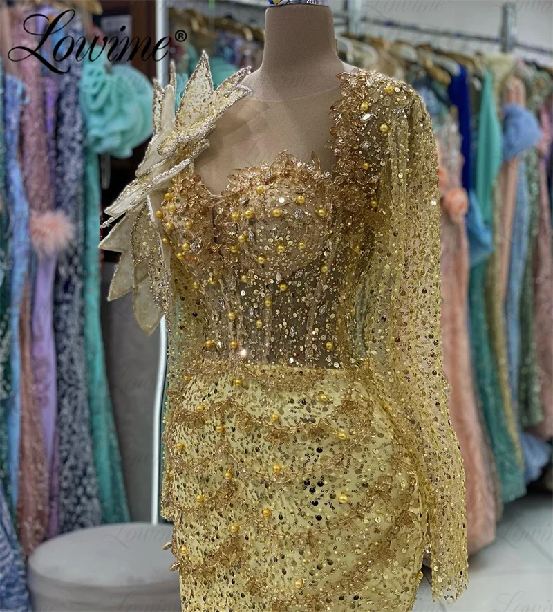 Vestido de noche dorado de lujo de Dubái para mujer, Aso Ebi árabes de manga larga vestidos de fiesta, vestidos de noche de boda, vestido de graduación con cuentas de cristales