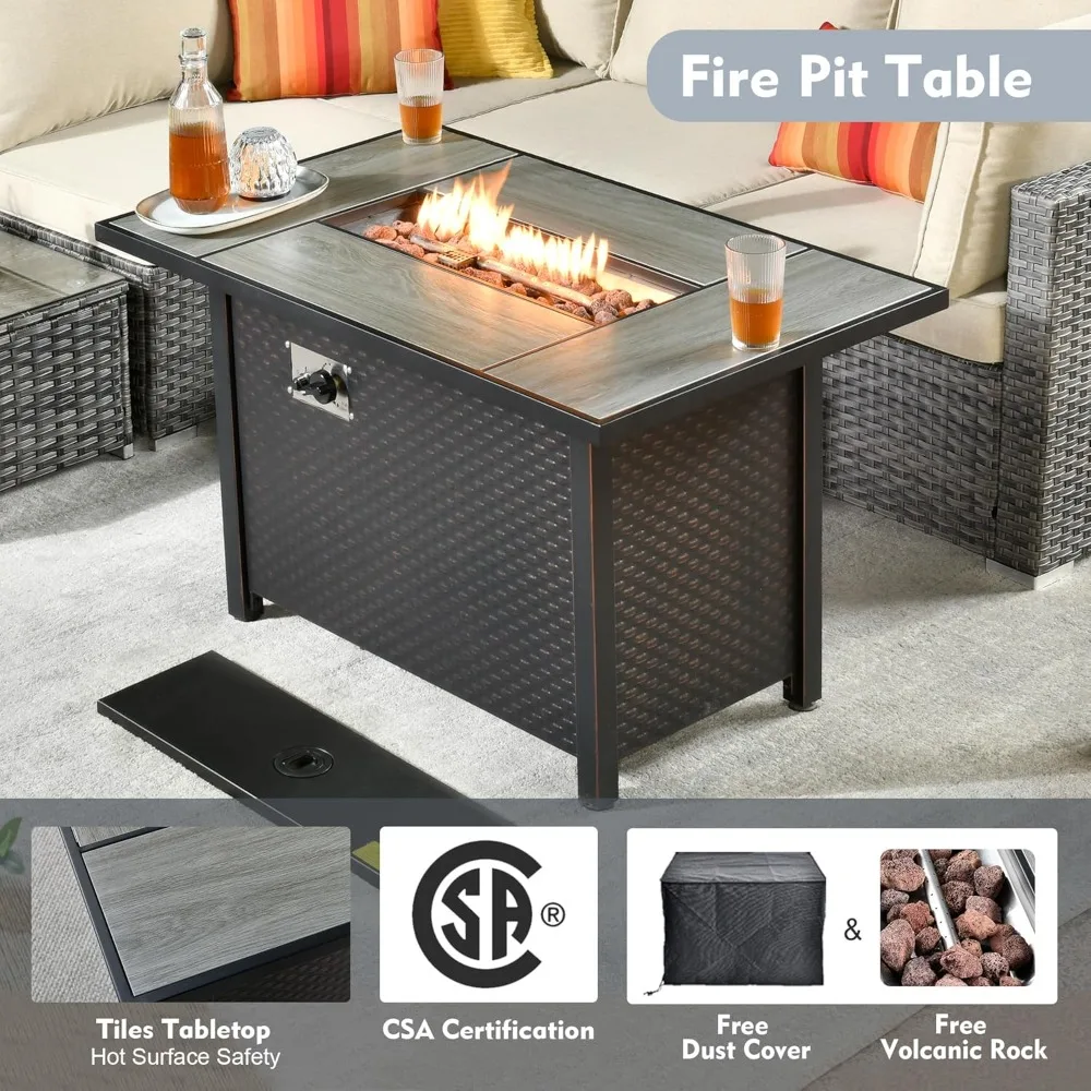 Patio Furniture Set, Rattan Wicker Sectional Glide Rocker Chairs Sets with Fire Pit, Swivel Glider Chairs, and Coffee Table