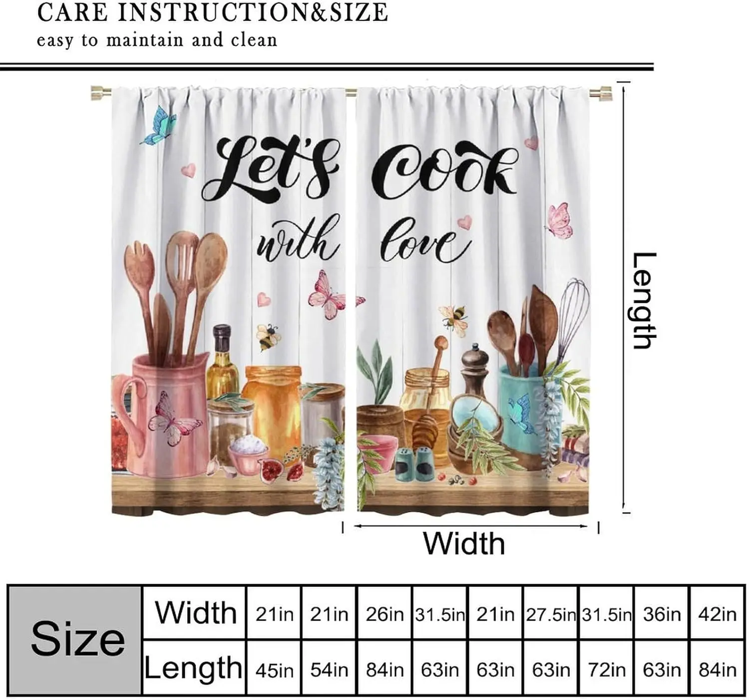 Retro Farmhouse Kitchen Curtains, Rustic Funny Quotes Colorful Spoons Butterfly Floral Flower Rod Pocket Window Curtains for