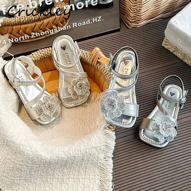 Crystal Flowers Kids Sandals Summer Solid PU Leather Girls Princess Shoes Fashion Soft Bottom Children Beach Sandals