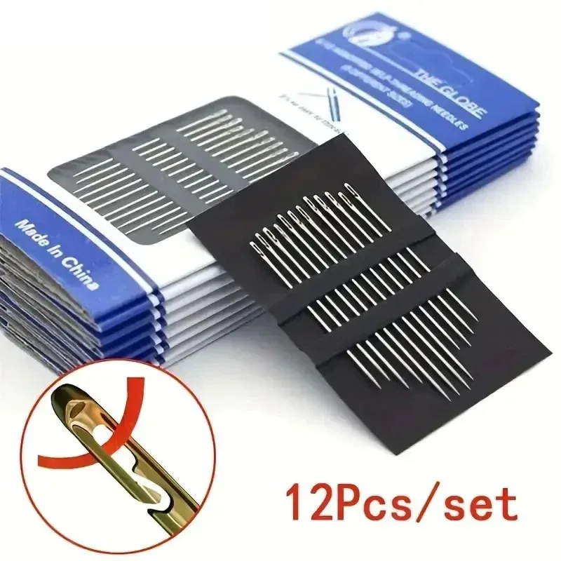 12/48 PCs Sewing Needles for the Blind Elderly Large Hole Stainless Steel Needles Home DIY Sewing Beading Threading Needle Tools