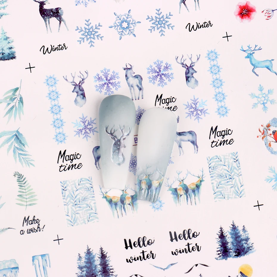 12Designs Christmas Nail Water Stickers Winter Landscape Snowy Tree Deer Watermark Transfer Decal For Nails Decoration Manicure