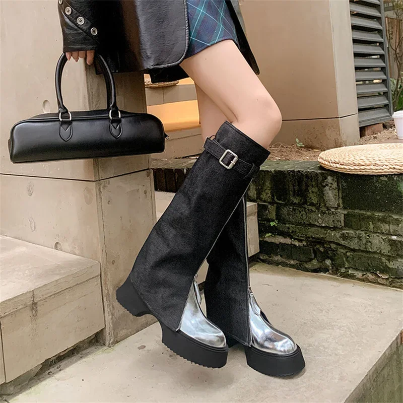 Fashion Platform Long Boots Round Toe Leisure Ladies Shoes Spring Autumn New Zipper Style Women Booties Metal Buckle Botas Mujer