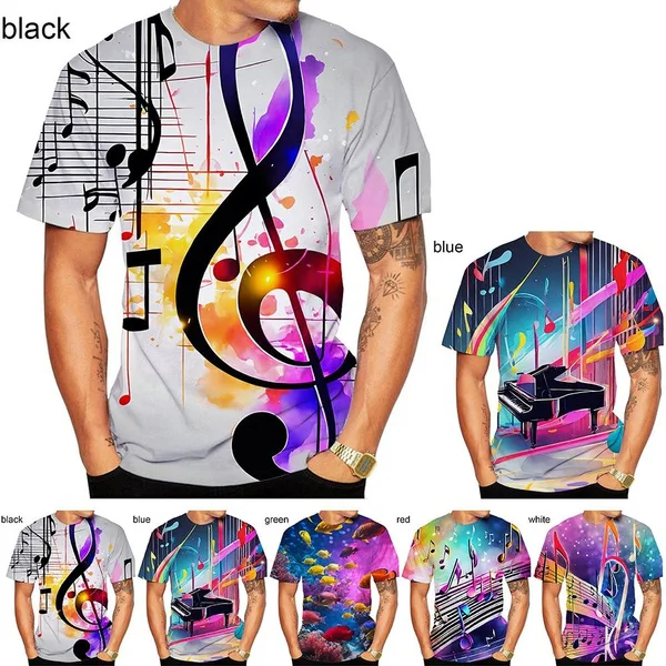 

Men's and Women's Round Neck 3D High-definition Printed Music Symbols and Note Patterns T-shirt in Street Style