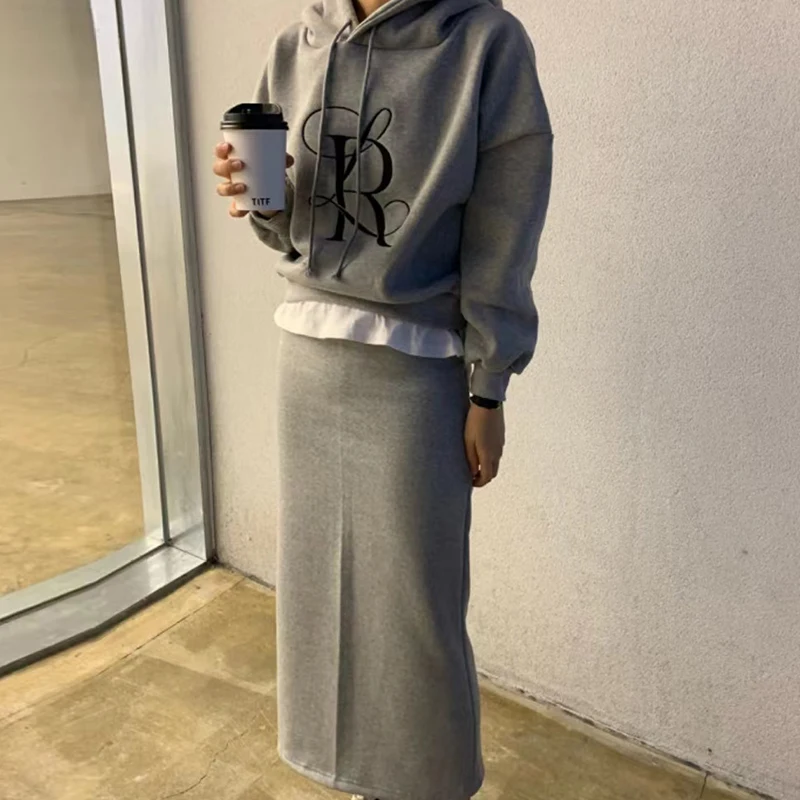 Chic Casual ex Hooded Dstring Letter Print Sweatirt High Waist Slimming Split Skirt Faion Set for Young Women