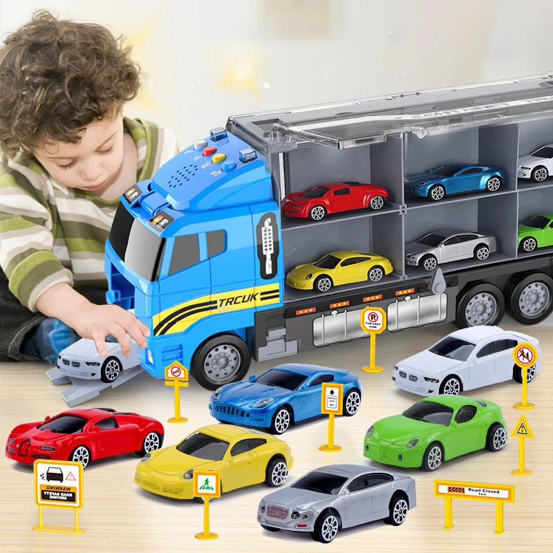 6In1/set Container Fire Truck Toys with Mini Diecast Alloy Car Sliding Transport Trucks Collection Toys for Boys Kids Gift