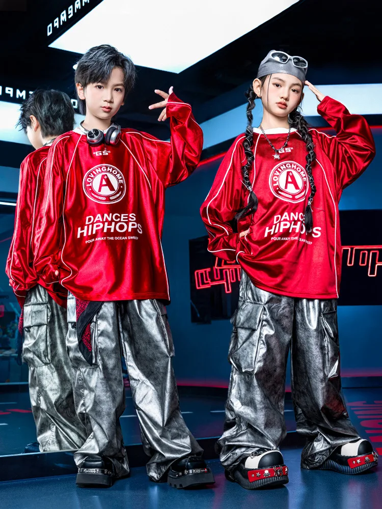 الفتيات ملابس رقص الجاز الفتيان الهيب هوب زي كبير الحجم السراويل الفضفاضة الحمراء الفضة في سن المراهقة شارع الرقص أداء المرحلة ارتداء 4652 #4