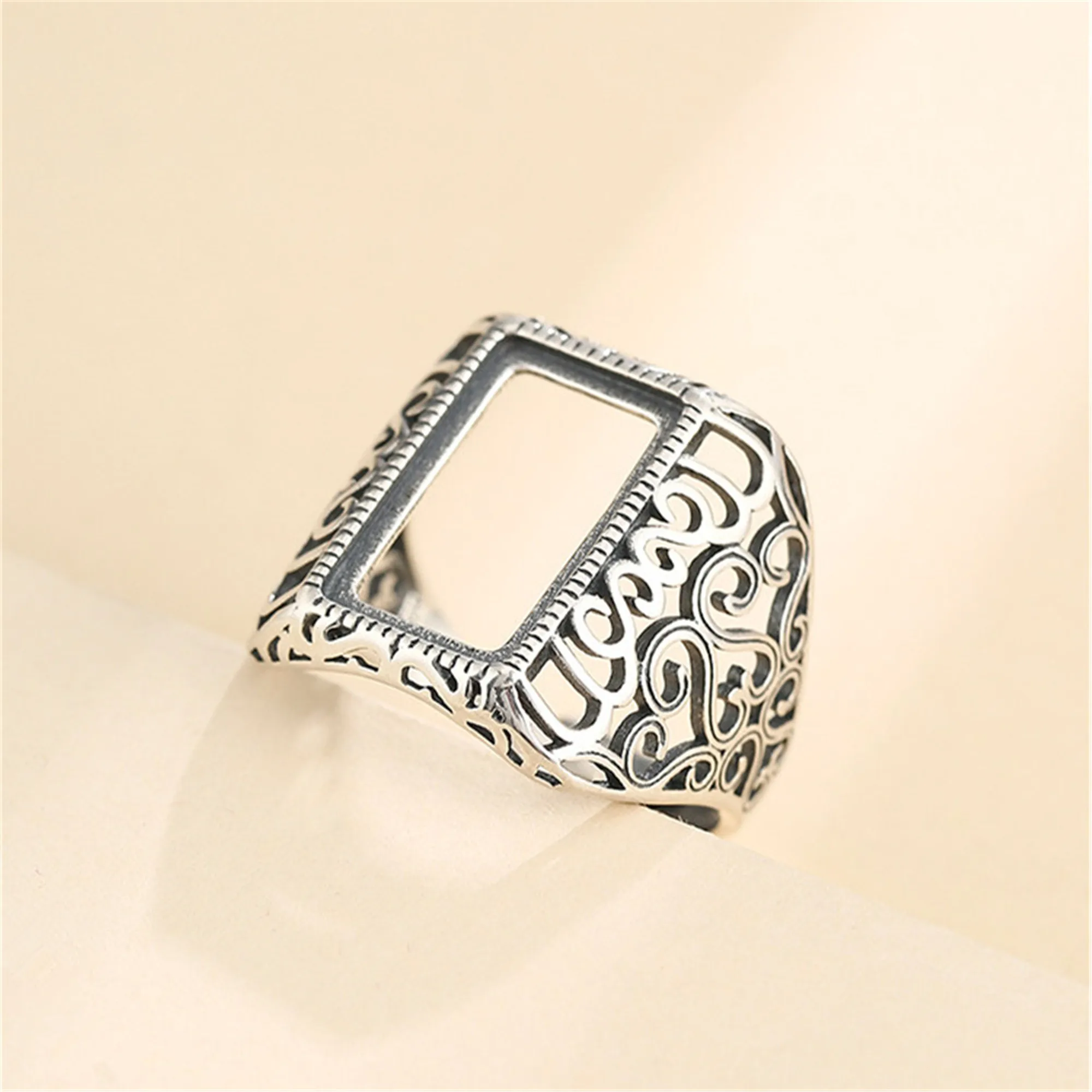 Ring Setting for 10x16mm Rectangle Cabochons Antique Style Ring Blank Thai Sterling Silver Adjustable Ring Base SR0582