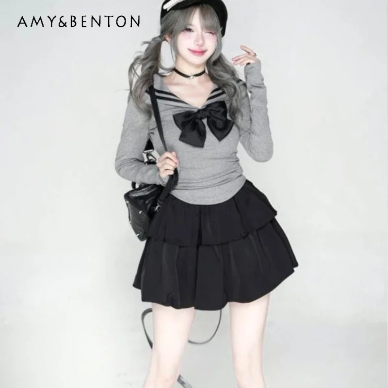 

2024 Japanese Jk Uniform Sailor Collar Basic Summer and Autumn Blue Gray Long Sleeved Waist Top Dark Mini Skirt Suit For Girls