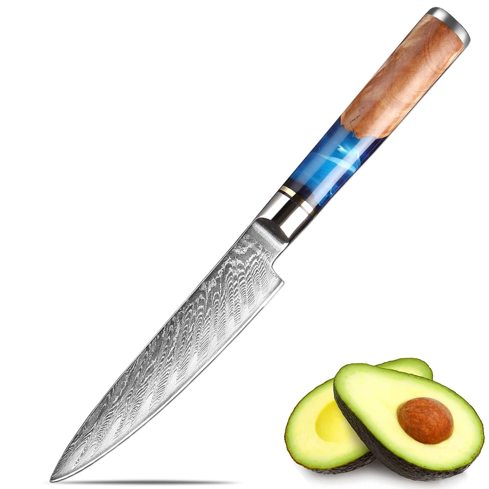 Küchenmesser, 12,7 cm, Allzweckmesser, Damaststahl, Obstmesser, Schneiden von Obst und Gemüse, Schälmesser, blauer Harzgriff