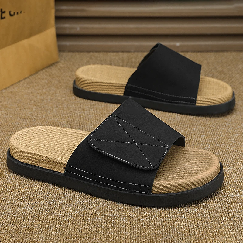 Men's Summer Indoor Home Grass Woven Casual Slippers Anti-slip Deodorant Soft Bottom Slip-On Fashionable Youth Korean Style