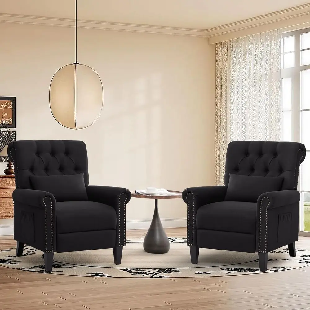 

Black Upholstered Reclining Sofa with Adjustable Footrest and Side Pocket for Living Room Comfort