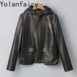 Real Leather Jacket Women Casual Genuine Sheepskin Jackets for Women Hooded Black Leather Coat Korean Chaqueta De Cuero Mujer