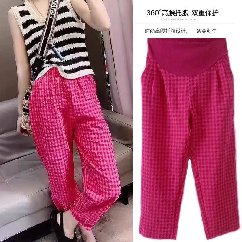 Pantalones de vientre rosa para embarazadas, moda de verano, algodón y lino, pantalones de maternidad largos sueltos, ropa informal para embarazadas