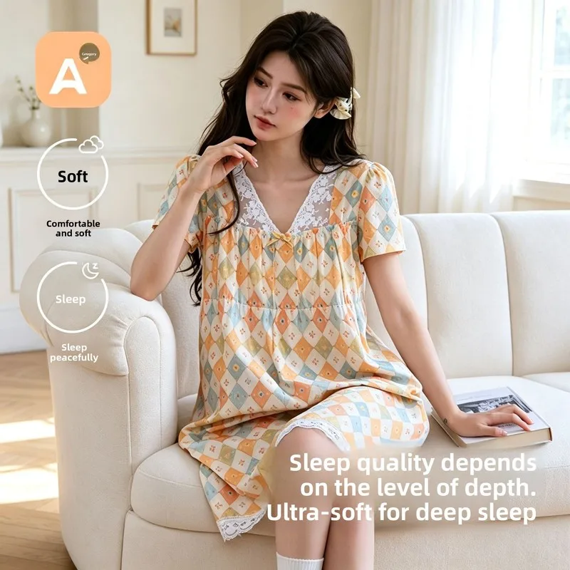Sweet Lace Trim Women‘s Lightweight Cotton Gauze Sleep Dress, Short Sleeve Midi Length & Relaxed Fit, Breathable Versatile Sprin
