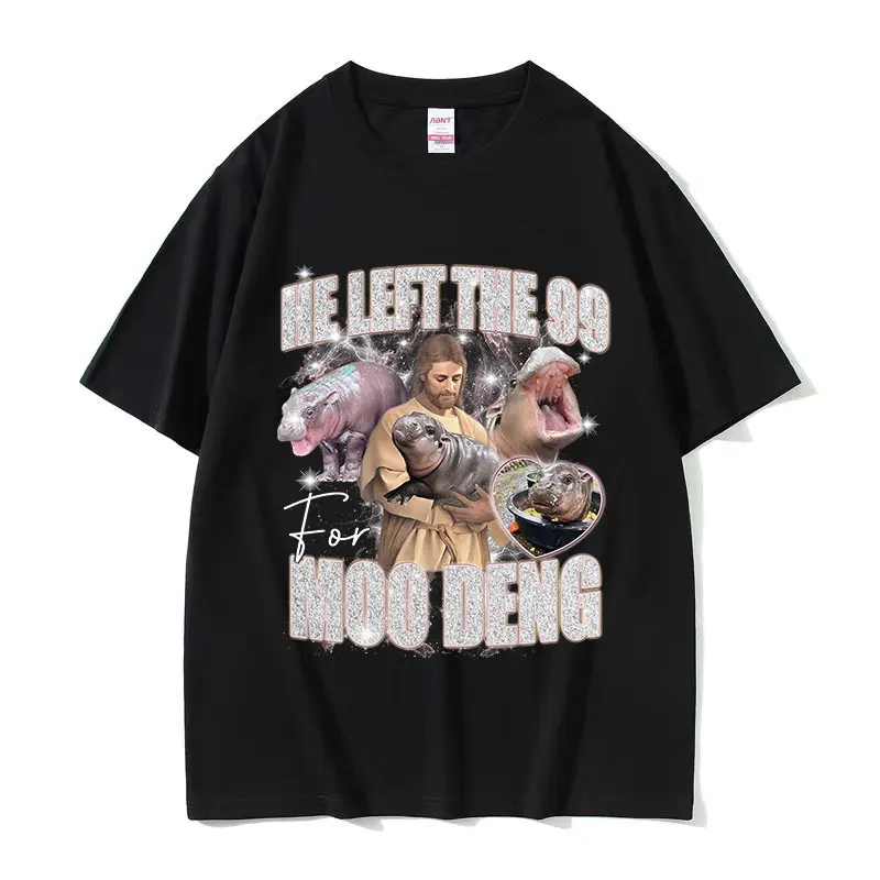 Moo Deng Baby Hippo Jesus Funny Meme Tee Shirt Men Women Harajuku Vintage Fashion T-shirt Casual 100% Cotton Oversized T Shirts