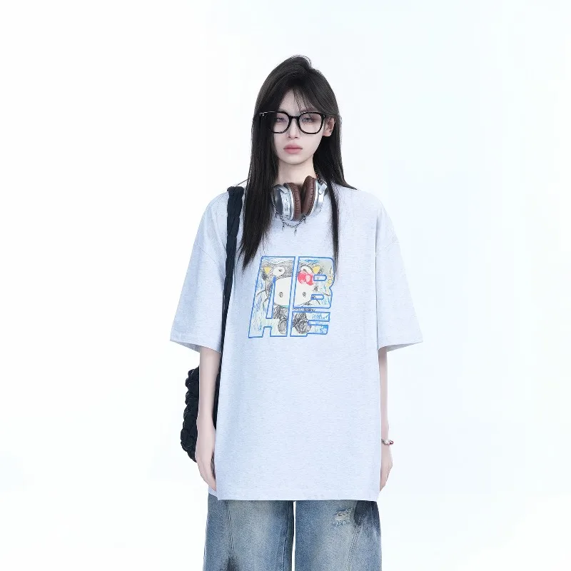 

American Retro Cartoon 3D Printed Short Sleeved T-shirt, Hello Kitty Graffiti, Loose, Breathable, Quick Drying Top, Trendy