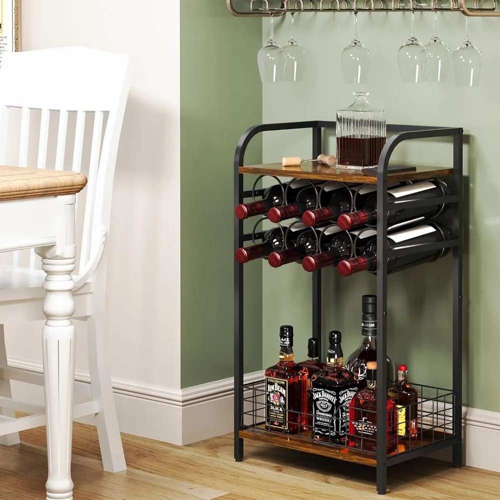 3-Tier Wine Bar Table: Small Liquor Bottle Holder with 8-Bottle Wine Rack Mini Wine Bar Cabinet Corner