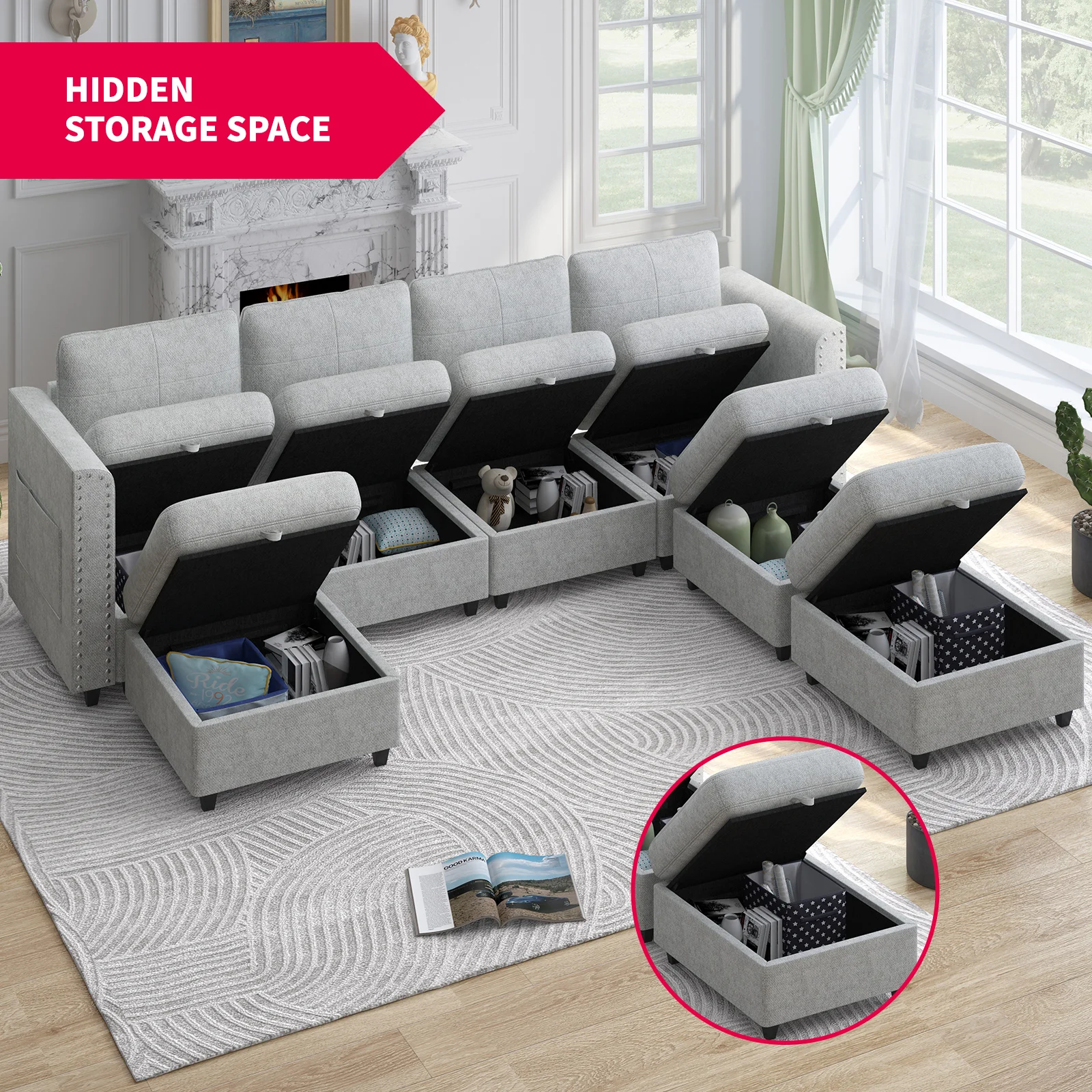 Modular Sectional Sofa with Storage Ottomans, Convertible Sofa Couch with 3 Movable Ottomans, 7 Seater Oversized Sleeper Couch f image 4