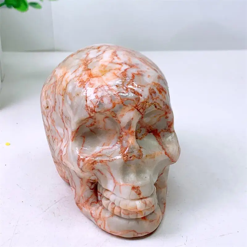 

710G Natural Red Network Stone Skull Carving Quartz Healing Crystal Stone Cute Birthday Present Home Decoration 1set