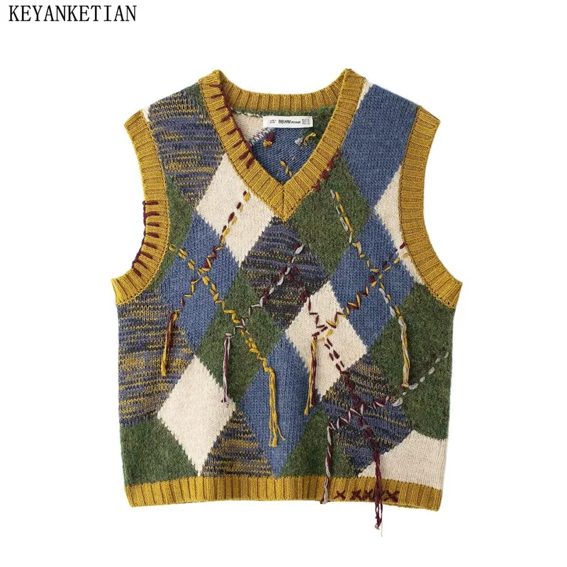 KEYANKETIAN 2024 Autumn/Winter New Women's Diamond Check Jacquard Sweater Vest Preppy Style Tassel Decoration V-Neck Camisole