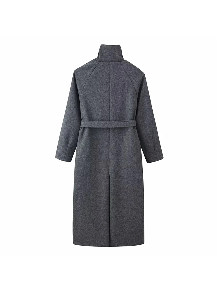 المرأة الرجعية الصلبة الوقوف طوق معطف طويل تويد المرأة أزياء واحدة الصدر معاطف مع حزام سيدة شيك الشارع أبلى #6