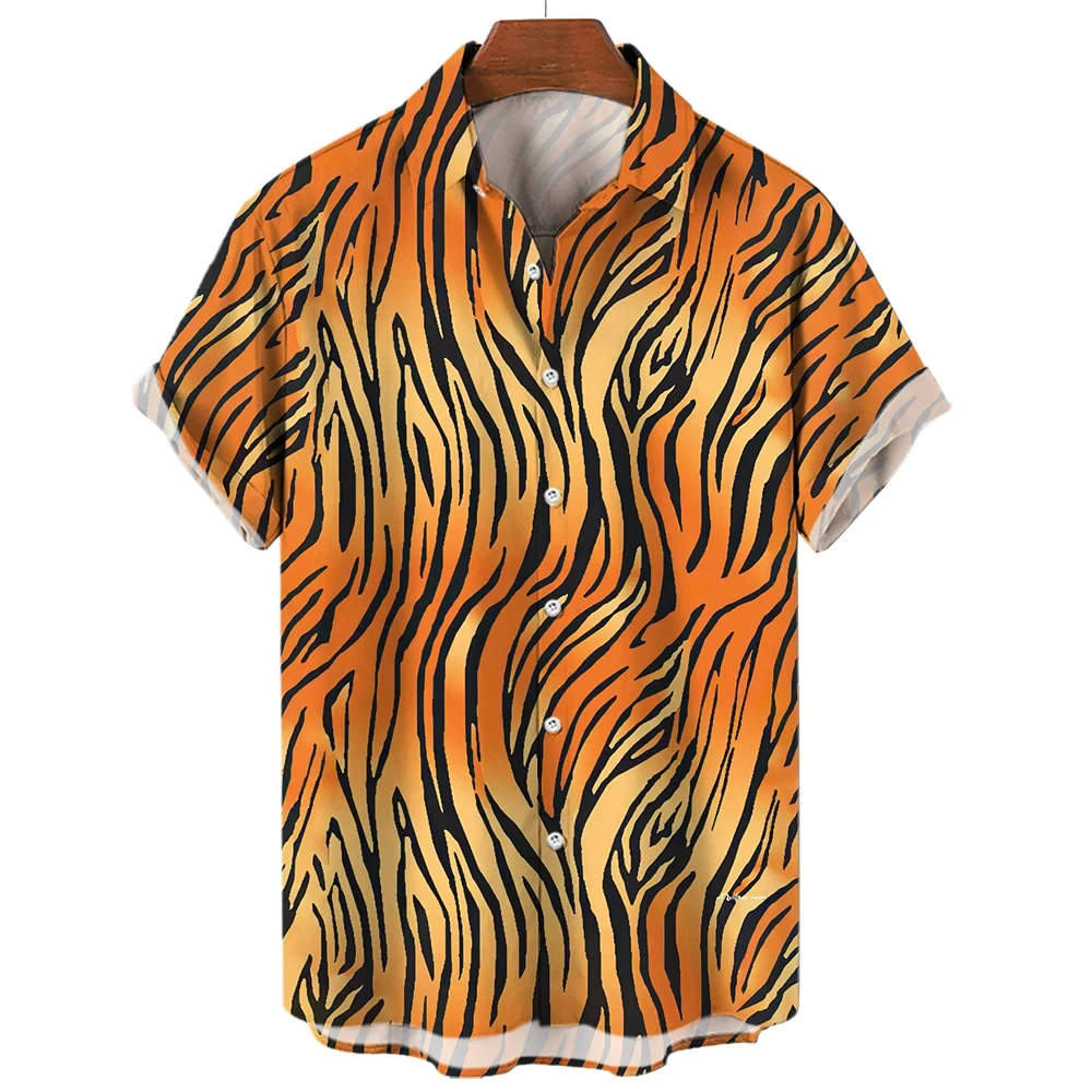 Camisa havaiana casual masculina de manga curta, blusa estampada tigre, roupas em tamanho grande, roupa de rua Harajuku, 2024