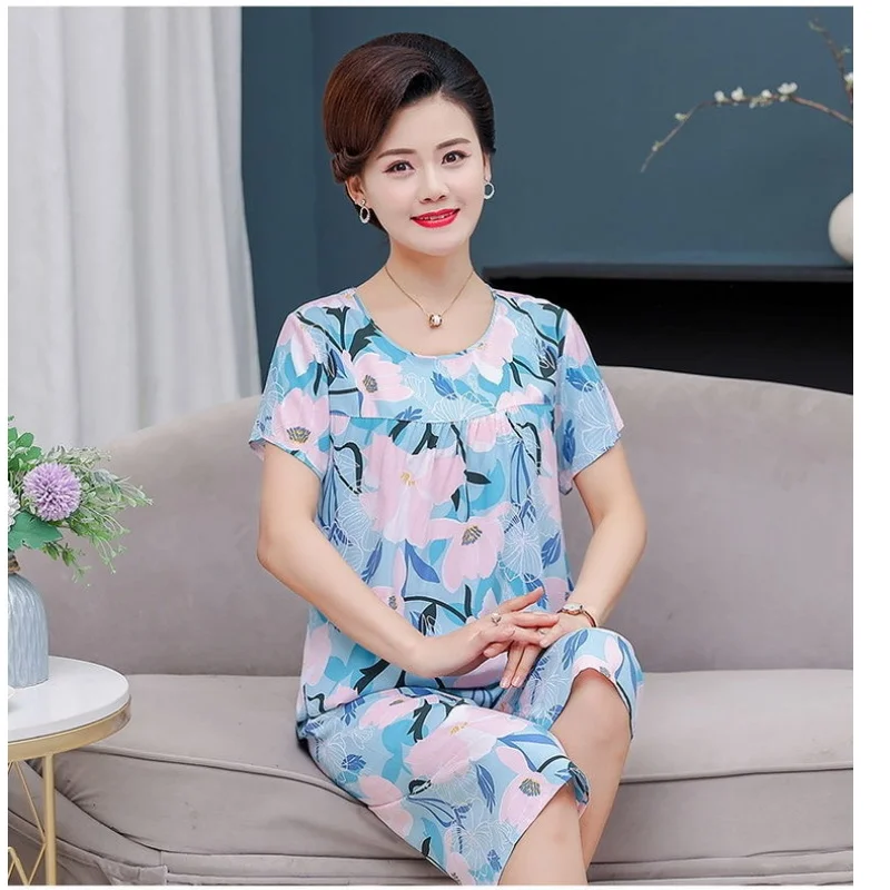 Middle Aged Mother Sleeping Pajamas For Women 2 Piece Set Outfit Round Neck Suit Summer Short Sleeve Sleepwear T-shirt Two-piece