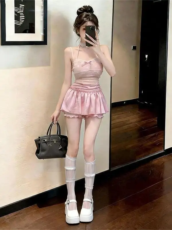 

Sweet Lace Strap Vest Top Women's Summer Pure Desire High Waist Short Cake Skirt Set Knot Splice Loose Fit Warmth