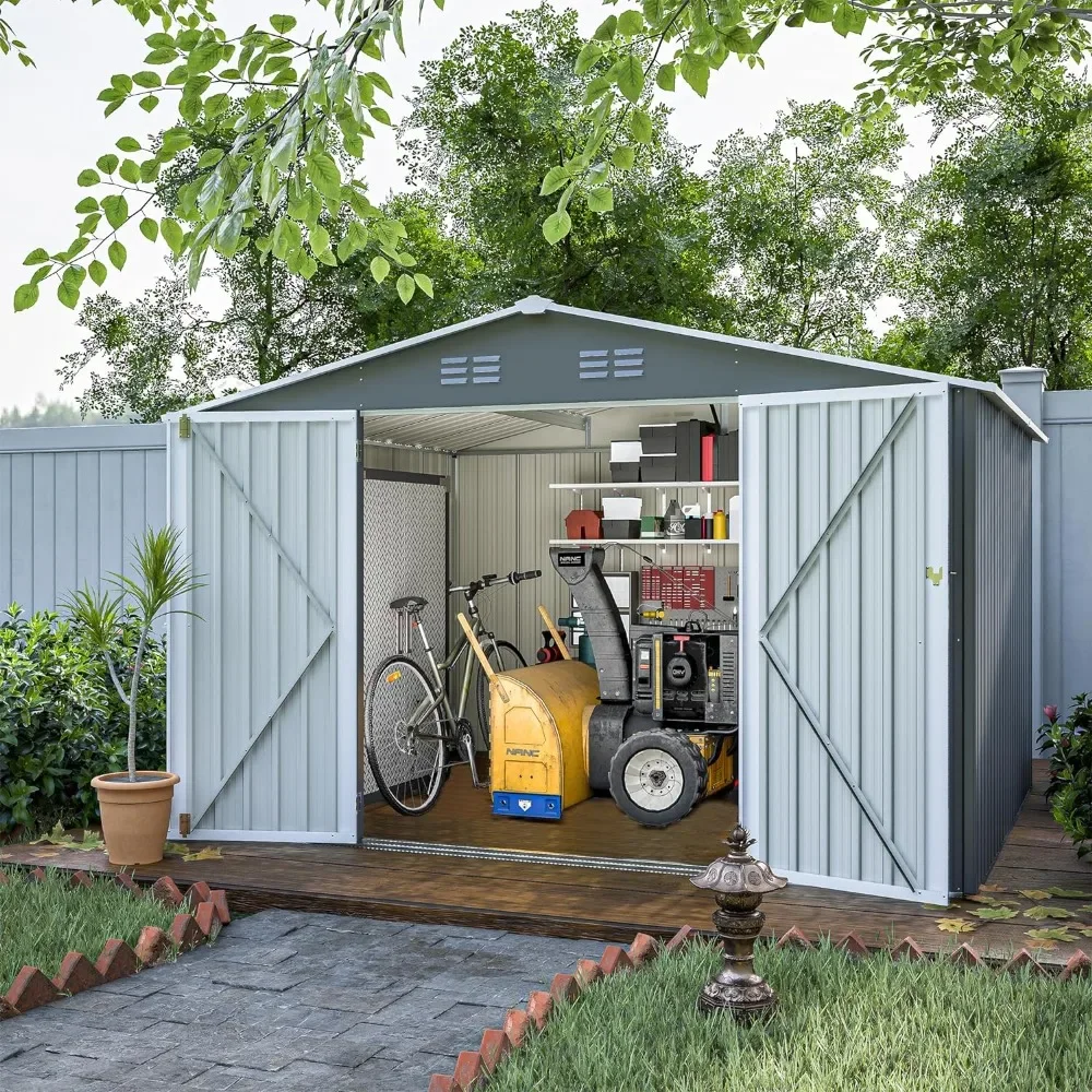 10x8 foot metal outdoor storage shed, large heavy-duty tool shed with lockable doors and ventilation for backyard terrace lawn