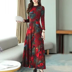여성용 긴팔 패치워크 프린트 포켓, 라운드넥 풀오버, 트렌디한 슬림핏, 통근 원피스, 가을 및 겨울 신상