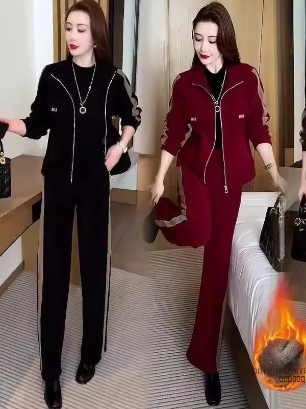 

Утепленный флисовый спортивный костюм для женщин на осень-зиму: теплый свитшот с длинным рукавом и повседневный комплект из двух предметов в корейском стиле с высокой талией