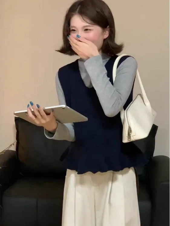 Spring Autumn Korean Style Commute Dark Blue Vest Base Shirt Layering Set Elegant Complete Outfit Small Size Women's Knittedwear