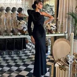 Evening Dress Black Jersey Mermaid One Shoulder Elegant Prom Gowns Ruffled Pleated Floor Length Fashion Women's Party Dresses