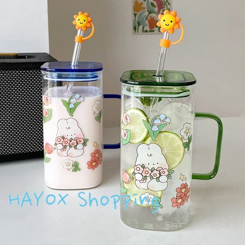 

750ml Glass Cartoon Rabbit Rectangular Water Cup Kawaii Animal Glass Cups with Lid and Straw Cute Coffee Milk Mugs Glasses