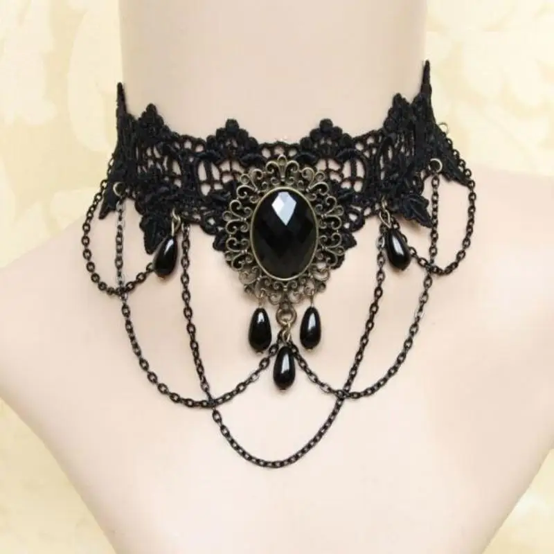 Vintage Gothic Black Lace Rhinestone Pendant Necklace For Women Ladies Elegant Sexy Choker Wedding Party Jewelry Y2K