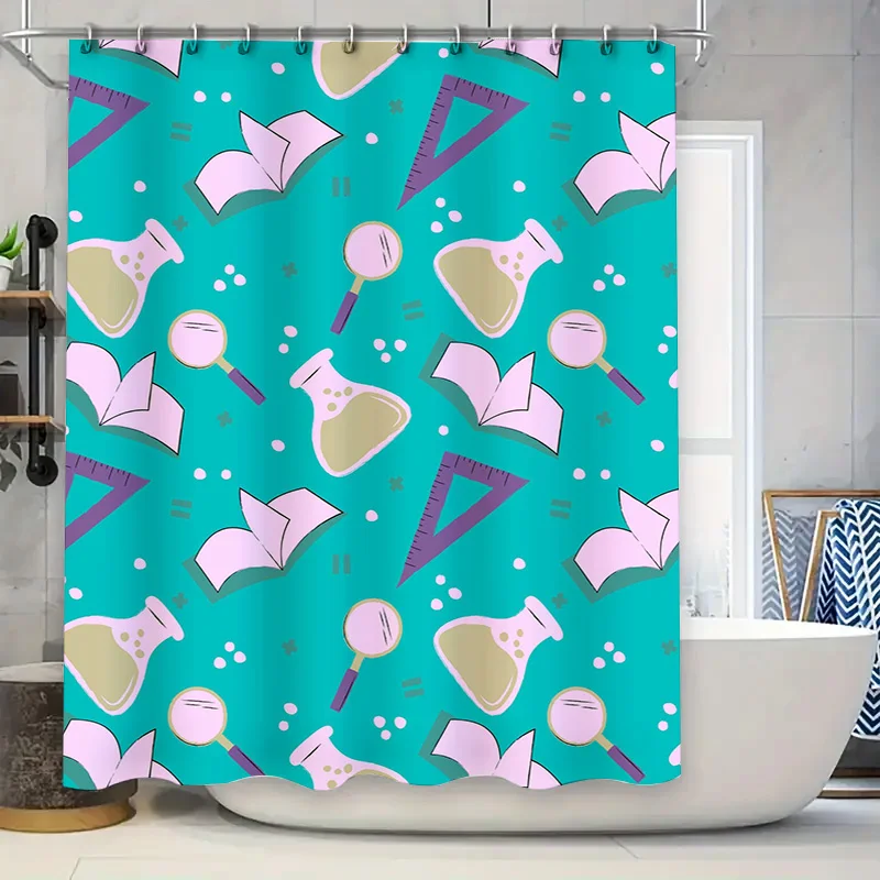 Charmful Science Classroom Decor Shower Curtain SetModern Design with Laboratory Flasks and Test Tubes Pattern Perfect for Kids