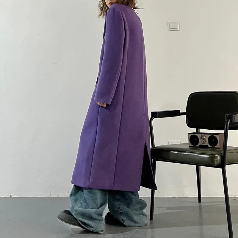 HKSH خريف شتاء جديد امرأة طويلة السترة محززة طوق مزدوجة الصدر الكتف مكتب سيدة أنيقة Ins معطف الصوف HK14937