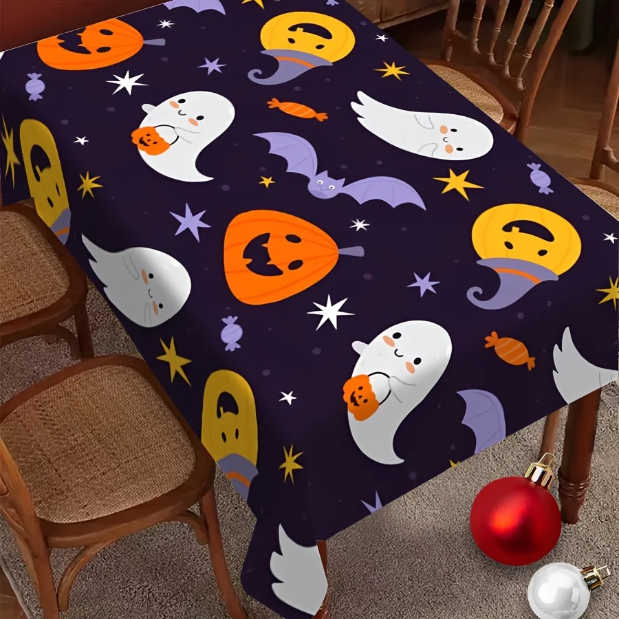 JIT-1pc Purple Background Tablecloth - Halloween Theme, Cartoon Ghosts, Pumpkins, Bat Patternszyc