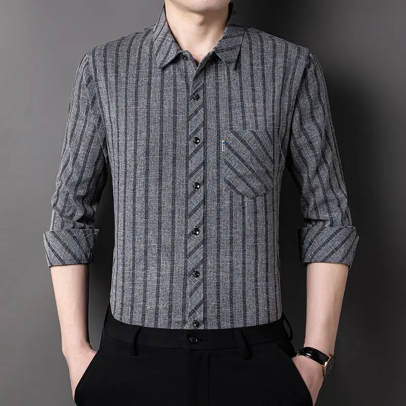 

Men Long Sleeve Cotton Linen Thin Shirt Spring Autumn Striped Plaid Top JJ370