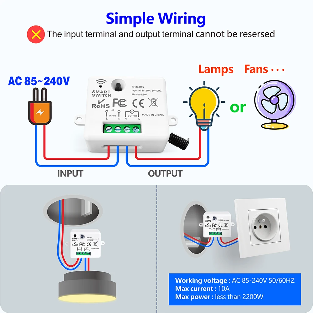 433MHz 220V 10A Wireless Smart Light Switch,Magnetic Wireless Wall Switch,Mini Relay Module,for Remote Control Home Appliances