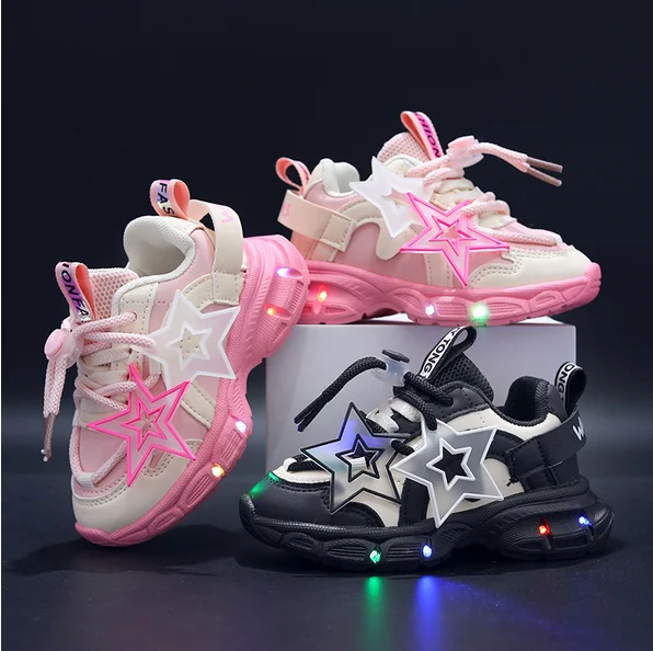 Children's LED Sports Mesh Shoes Kids Luminous Daddy Shoes Girls' Shining Light Breathable Sneakers Boys Glowing Light Sneakers