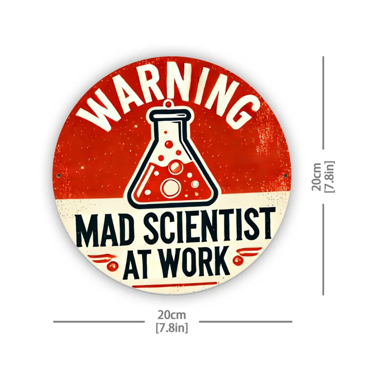 Warning Mad Scientist at Work with Lab Flask Metal Tin Sign Wall Decor