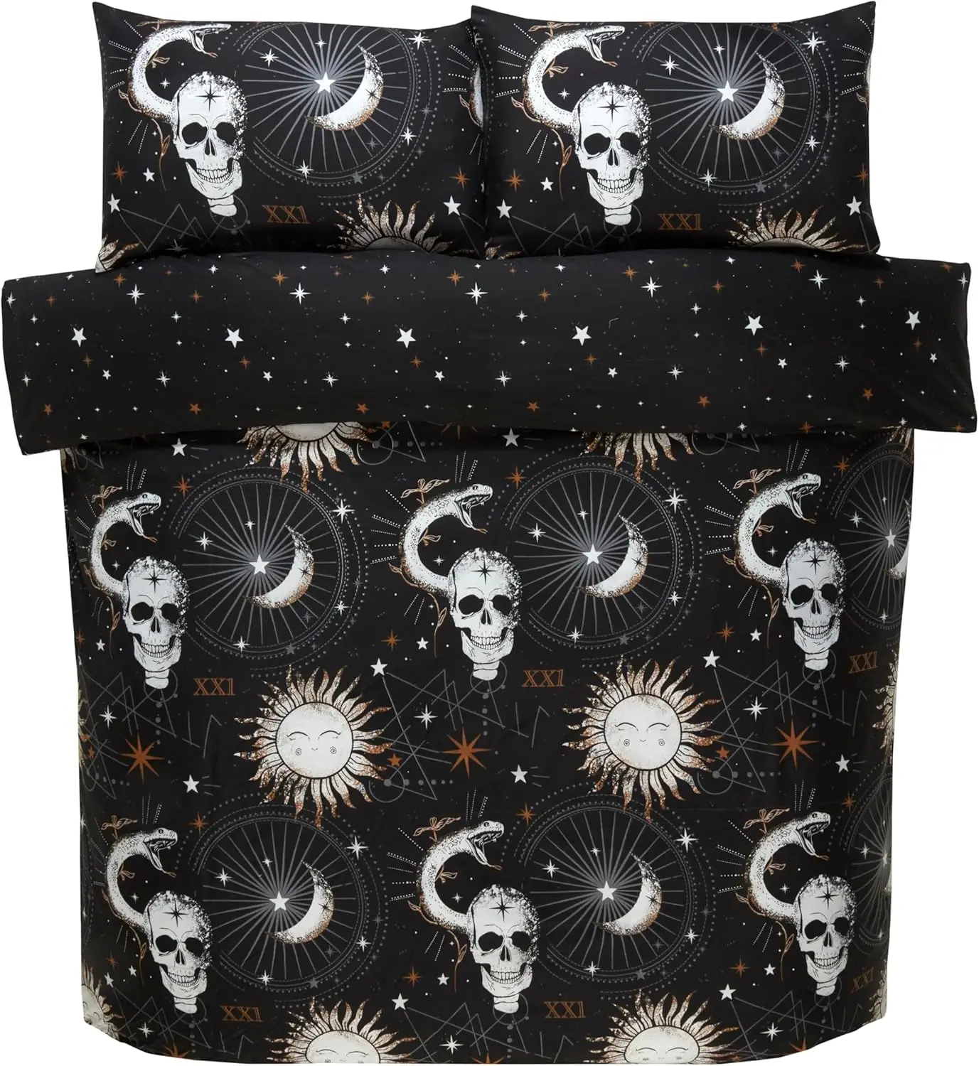 طقم غطاء لحاف فردي من الألياف الدقيقة على الطراز القوطي الداكن مكون من 3 قطع، طقم سرير جماجم وأنيق، طقم سرير جمجمة سوداء مقاس مزدوج #3