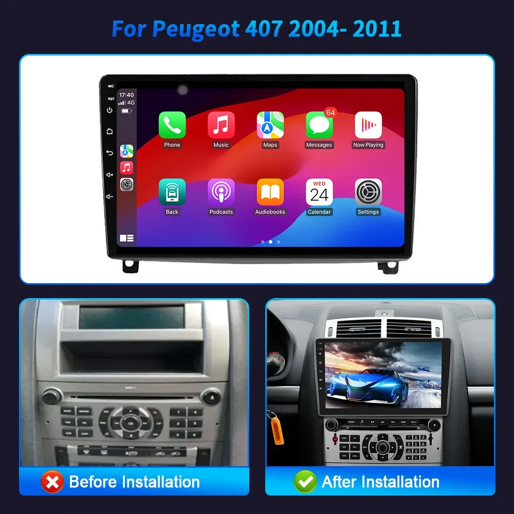 Radio Multimedia Navigation Android14 For Peugeot 407 1 2004- 2011 Wireless Carplay Stereo Screen Car