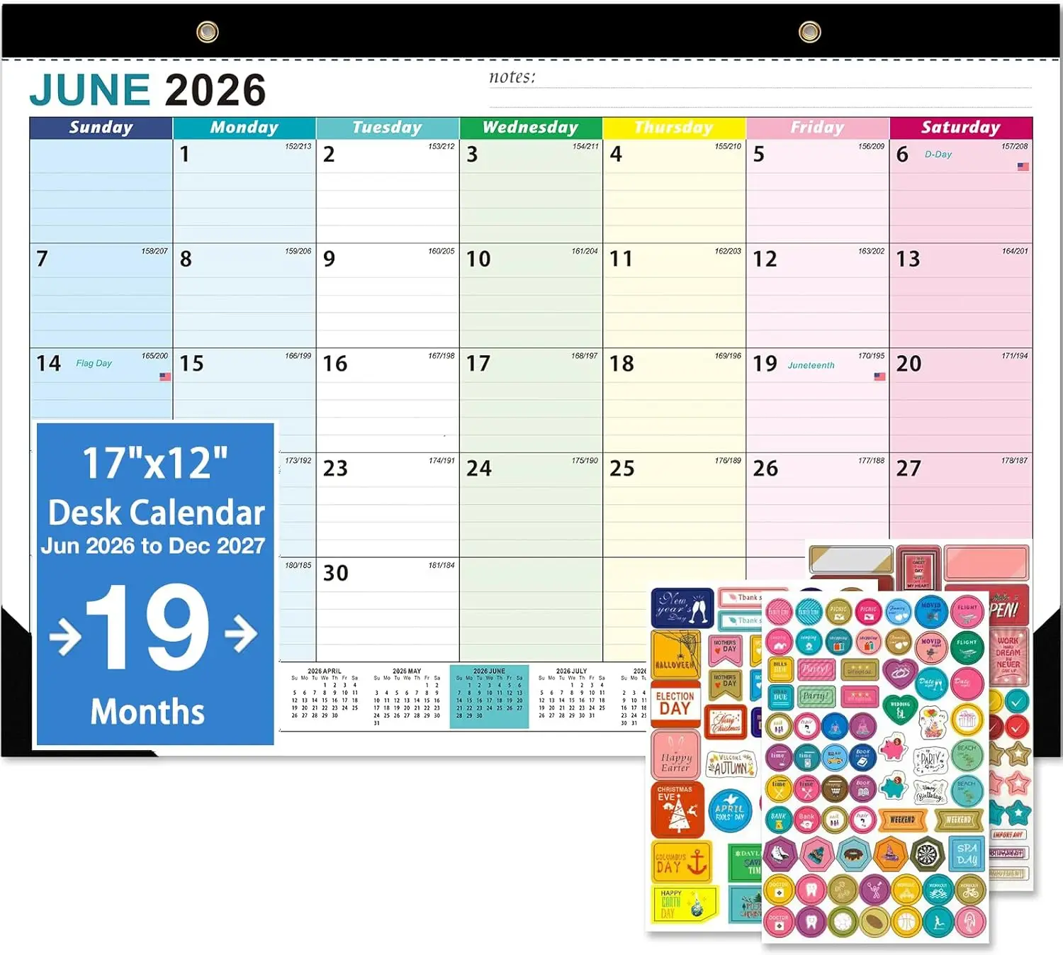 

2026-2027 Desk Calendar, 19 Months Jun 2026-Dec 2027, 17"x12", Large Blocks, Thick Paper, Stickers