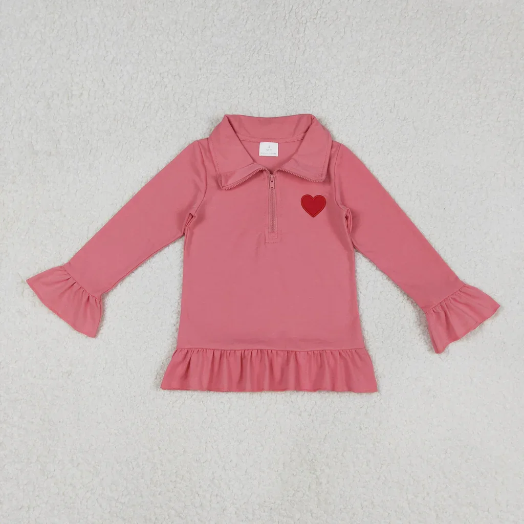 

GT1271 Embroidery Valentine's Day Love Pink Girls Zipper Pullover Girls baby top