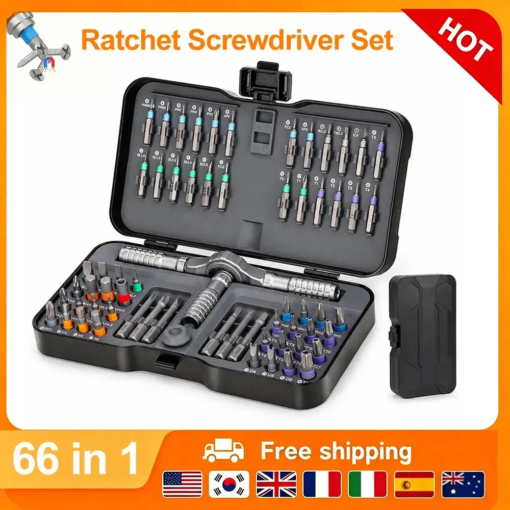 Precision 66 in1 Magnetic Ratchet Screwdriver Set With Detachable T-Handle Magneticizer For Furniture Electronics PC & Glasses